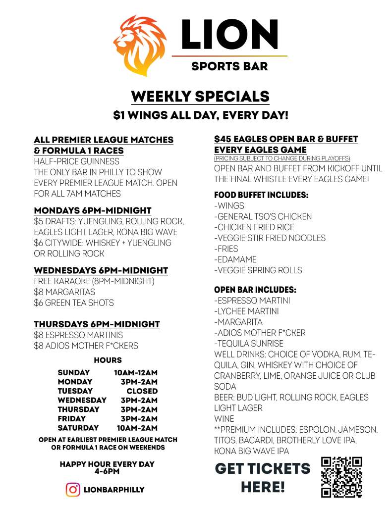 Lion Sports Bar Menu Page 4 Lion Sports Bar Soccer Bar Center City Philadelphia PAGE-4-Specials