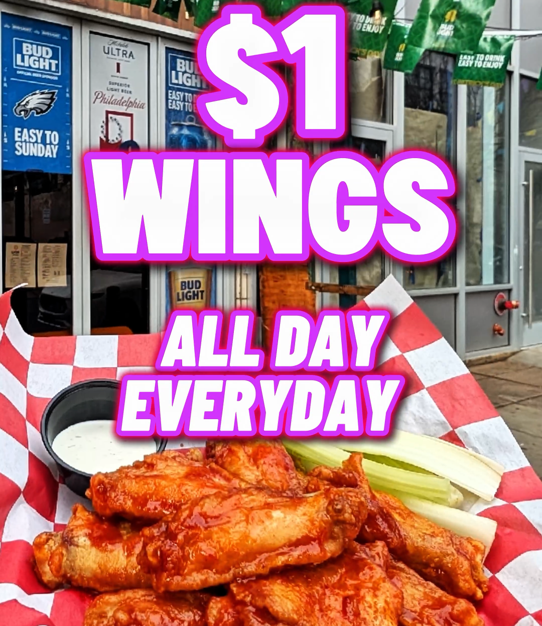 $1 Wings Lion Sports Bar Philadelphia buffalo wings, hot wings, chicken wings, bbq wings, $1 all day everyday