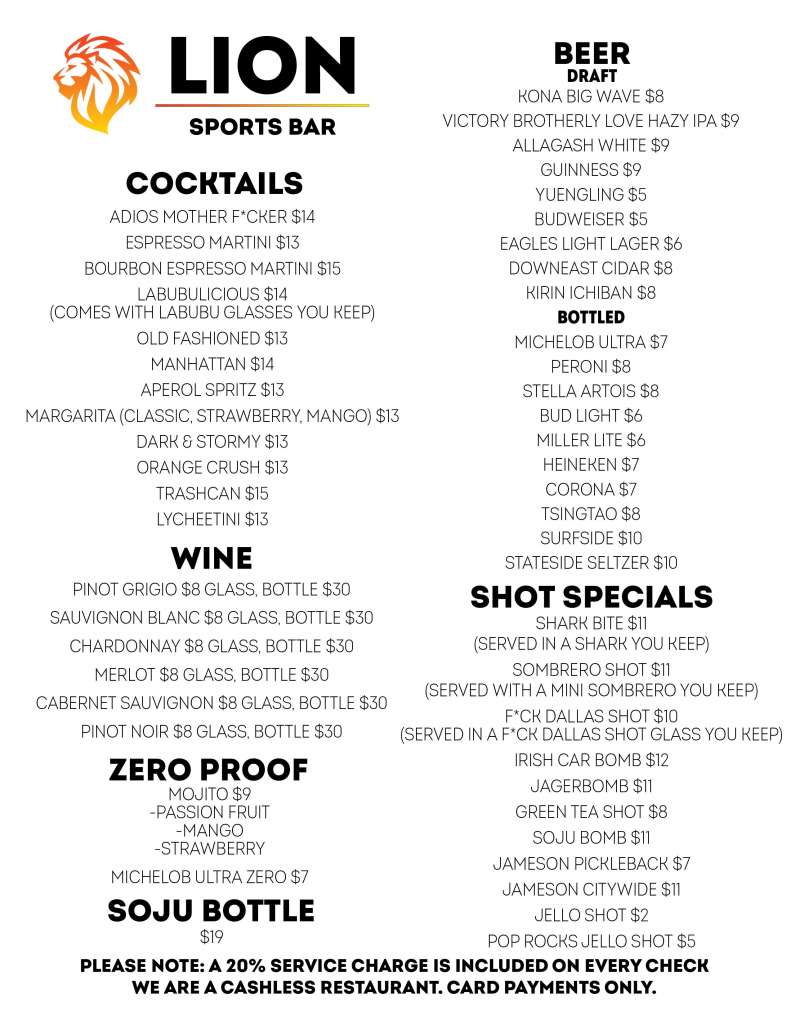 Lion Sports Bar Menu Page 6 Lion Sports Bar Soccer Bar Center City Philadelphia near Convention Center