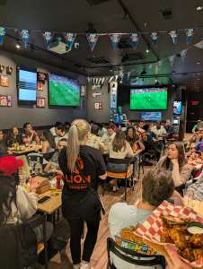 Soccer fans watch Barcelona vs Real Madrid 2025 Copa del Rey soccer match at Lion Sports Bar best soccer bar Philly World Cup 2026 Philadelphia center city sports bar football