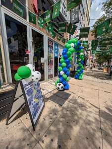 FIFA World Cup event at Lion Sports Bar balloons outside the front door Best Soccer Bar philadelphia best world cup viewing Philly World Cup Specials