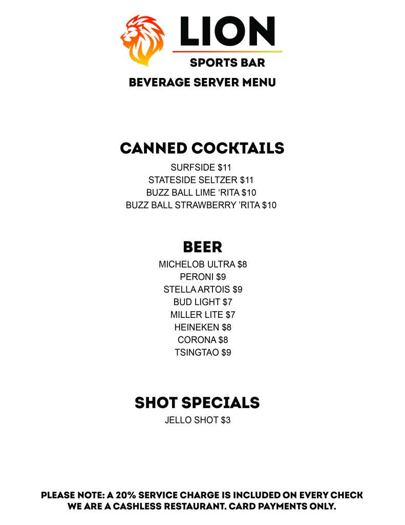 Lion Sports Bar Menu Beverage Server Menu Lion Sports Bar Soccer Bar Center City Philadelphia near Convention Center best soccer bar world cup center city Philadelphia
