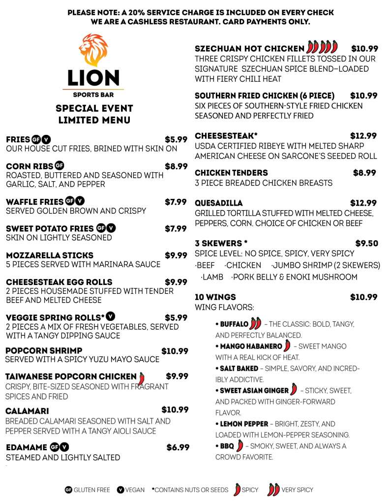 Lion Sports Bar World Cup Menu Lion Sports Bar Soccer Bar Center City Philadelphia near Convention Center best soccer bar world cup center city Philadelphia