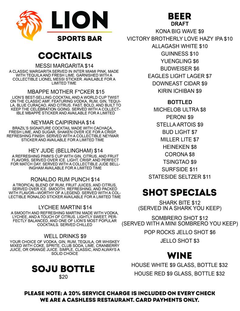 Lion Sports Bar Menu Page 5 Lion Sports Bar Soccer Bar Center City Philadelphia near Convention Center best soccer bar world cup center city Philadelphia