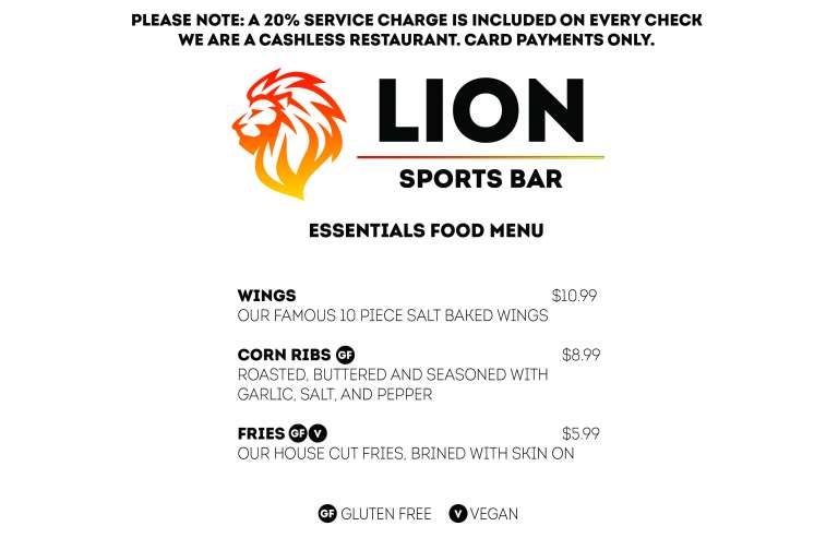 Lion Sports Bar Essential menu World Cup number 1 soccer bar in Philadelphia fifa best soccer bar philly